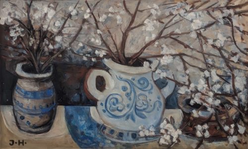 2 Krüge mit blühenden Zweigen