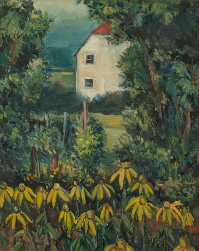 Häuschen hinter Aistblumen